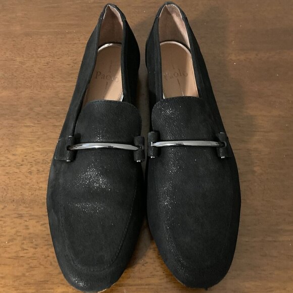 Linea Paolo Womens 9 1/2M Black Flat Loafters Silver Buckle Suede Classic Preppy - Picture 1 of 14